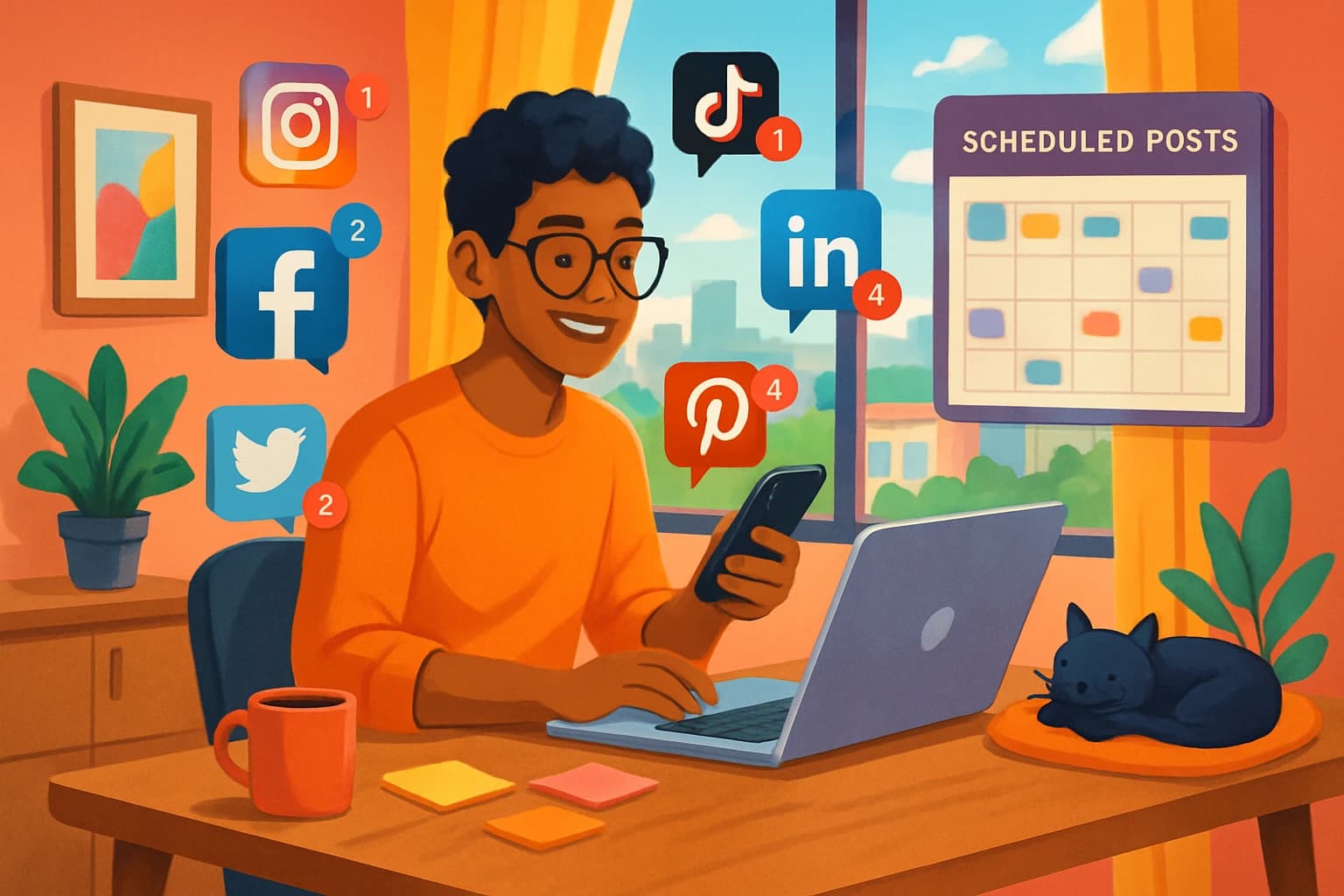 Remote social media manager working from home