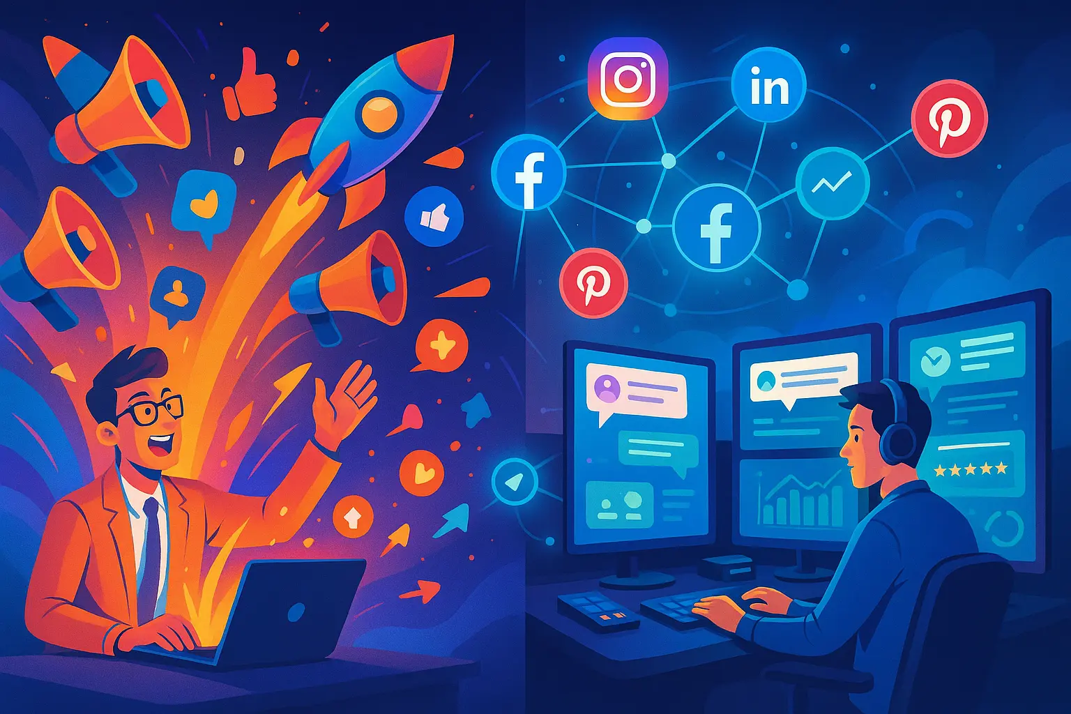 Social media marketing vs management illustration